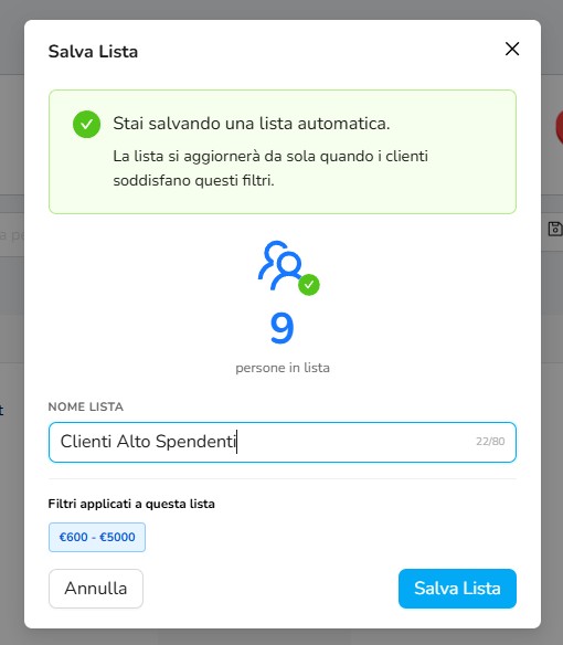 Finestra Salva Lista con conteggio clienti e filtri applicati