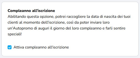 Il box Compleanno all'iscrizione nella sezione Impostazioni del gestionale
