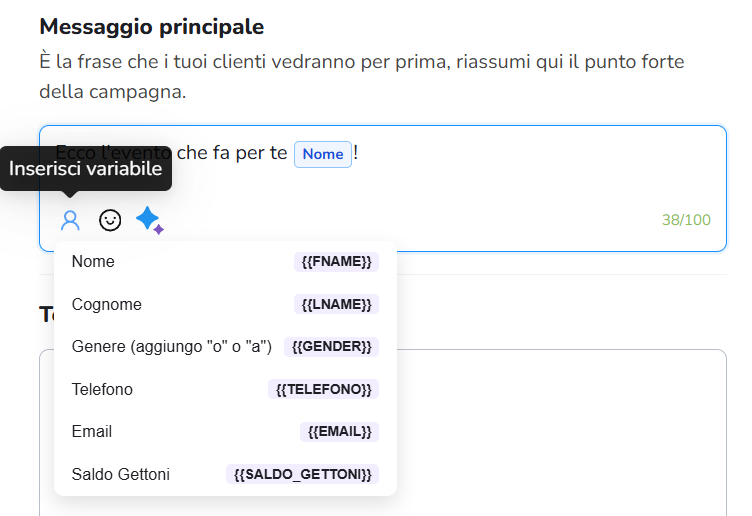 Il menu "Inserisci variabile" nel campo Messaggio principale della campagna, con l'elenco delle sei variabili