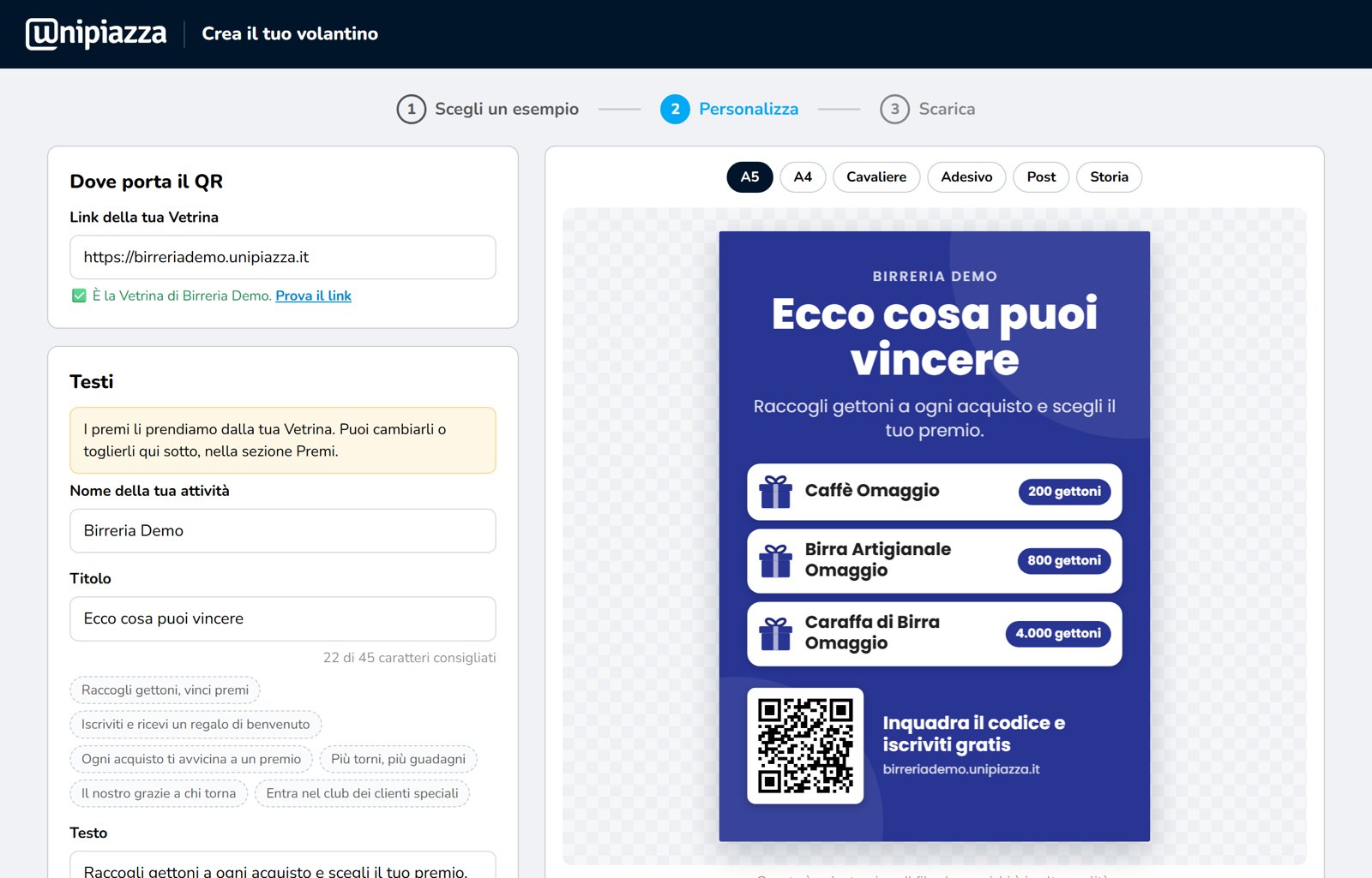 Il generatore di volantini: a sinistra testi e immagini da personalizzare, a destra l’anteprima con i premi della Vetrina e il QR Code