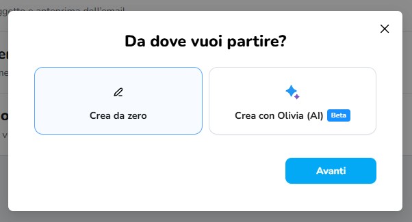Finestra "Da dove vuoi partire?" con le due opzioni Crea da zero e Crea con Olivia